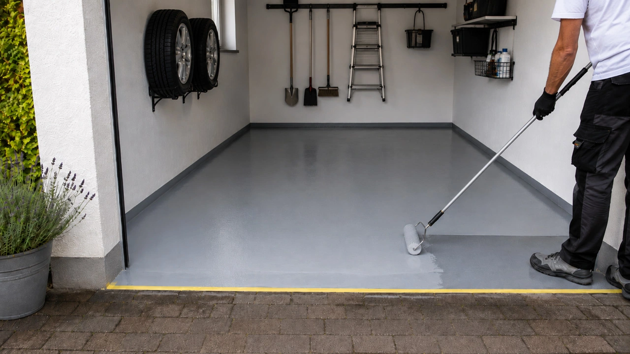 Malermeister, der eine Bodenbeschichtung in einer Garage aufträgt