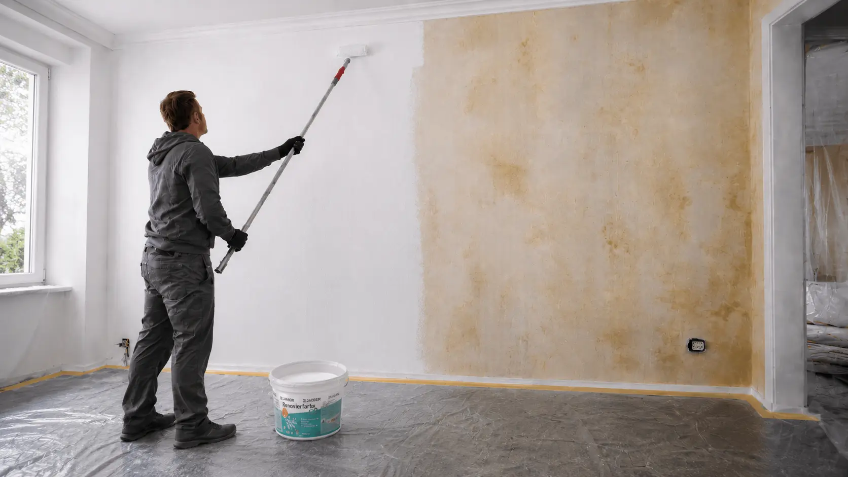 Nikotin verschmutzte Wand wird mit Renovierfarbe gestrichen